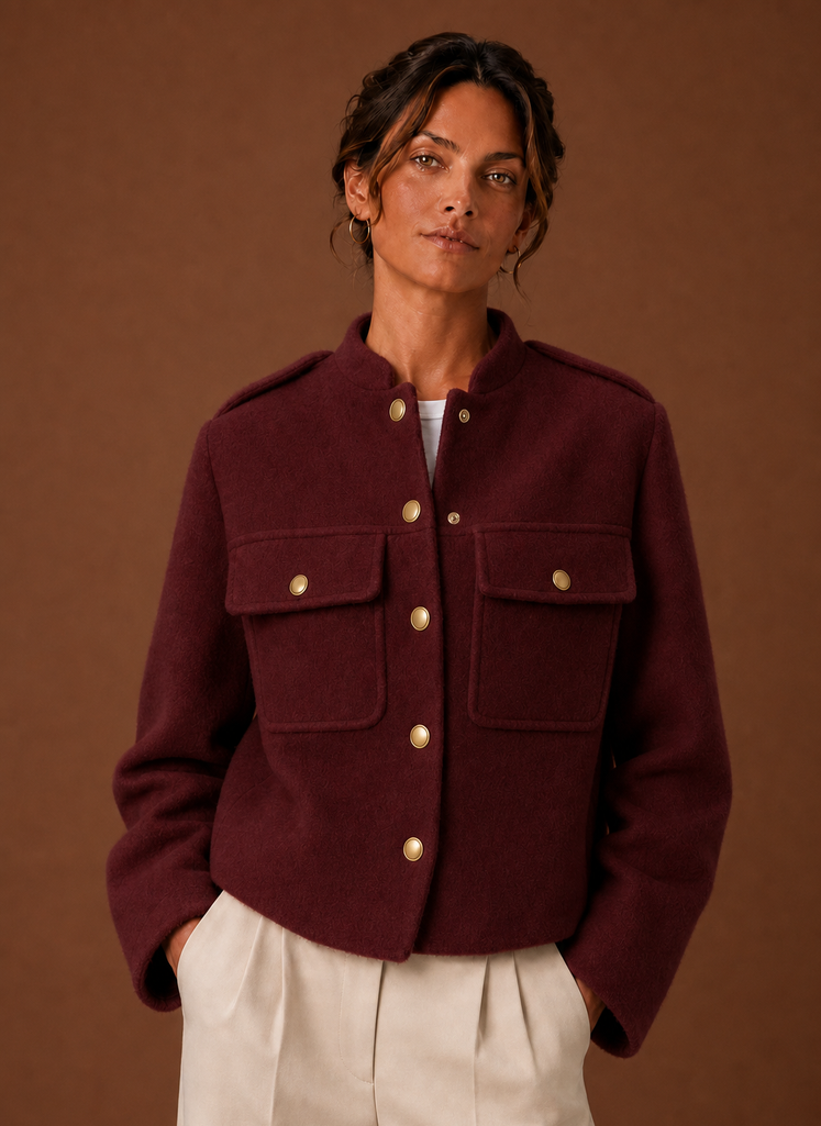 Women's cropped button-front jacket featuring a tailored fit, designed for a stylish and modern look, perfect for layering over casual or formal outfits. 4