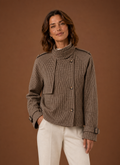 Women's cropped funnel neck jacket featuring a stylish check pattern, perfect for layering in cool weather. 0