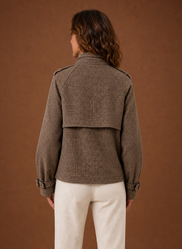 Women's cropped funnel neck jacket featuring a stylish check pattern, perfect for layering in cool weather. 1