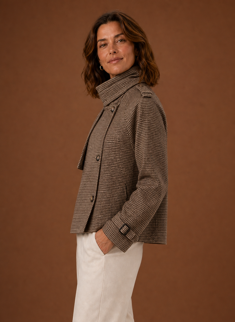 Women's cropped funnel neck jacket featuring a stylish check pattern, perfect for layering in cool weather. 2