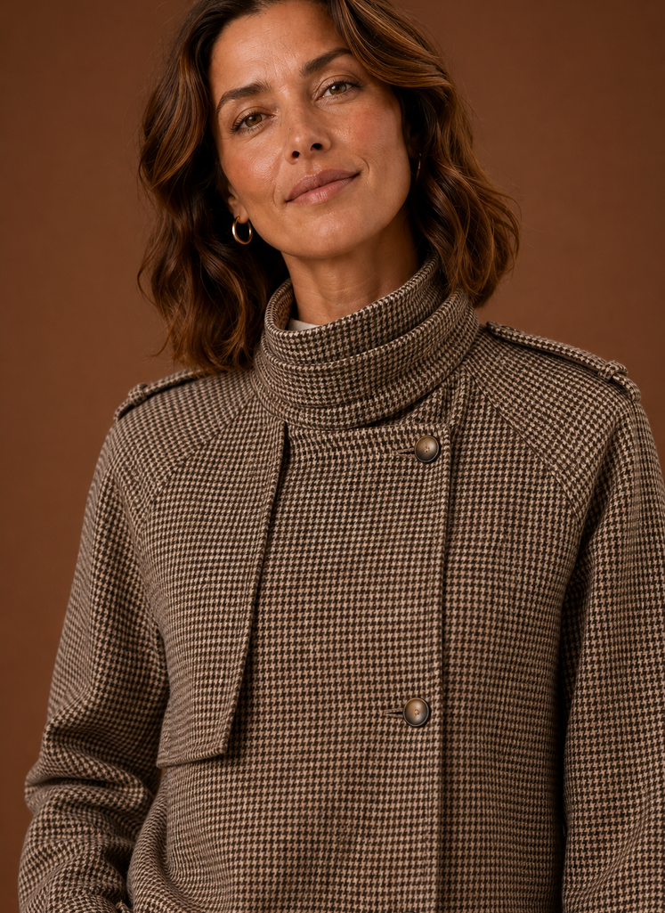 Women's cropped funnel neck jacket featuring a stylish check pattern, perfect for layering in cool weather. 3