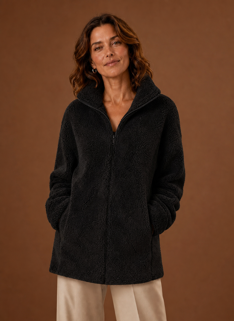 Women's Fleece Sherpa Zip-Up Jacket with High Collar in cozy fabric, perfect for cold weather, featuring a stylish design and warm insulation. 0