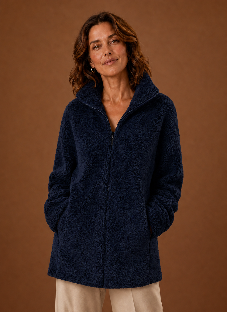 Women's Fleece Sherpa Zip-Up Jacket with High Collar in cozy fabric, perfect for cold weather, featuring a stylish design and warm insulation. 1