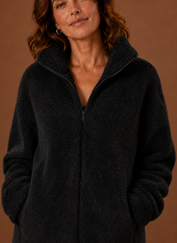 Women's Fleece Sherpa Zip-Up Jacket with High Collar in cozy fabric, perfect for cold weather, featuring a stylish design and warm insulation. 5