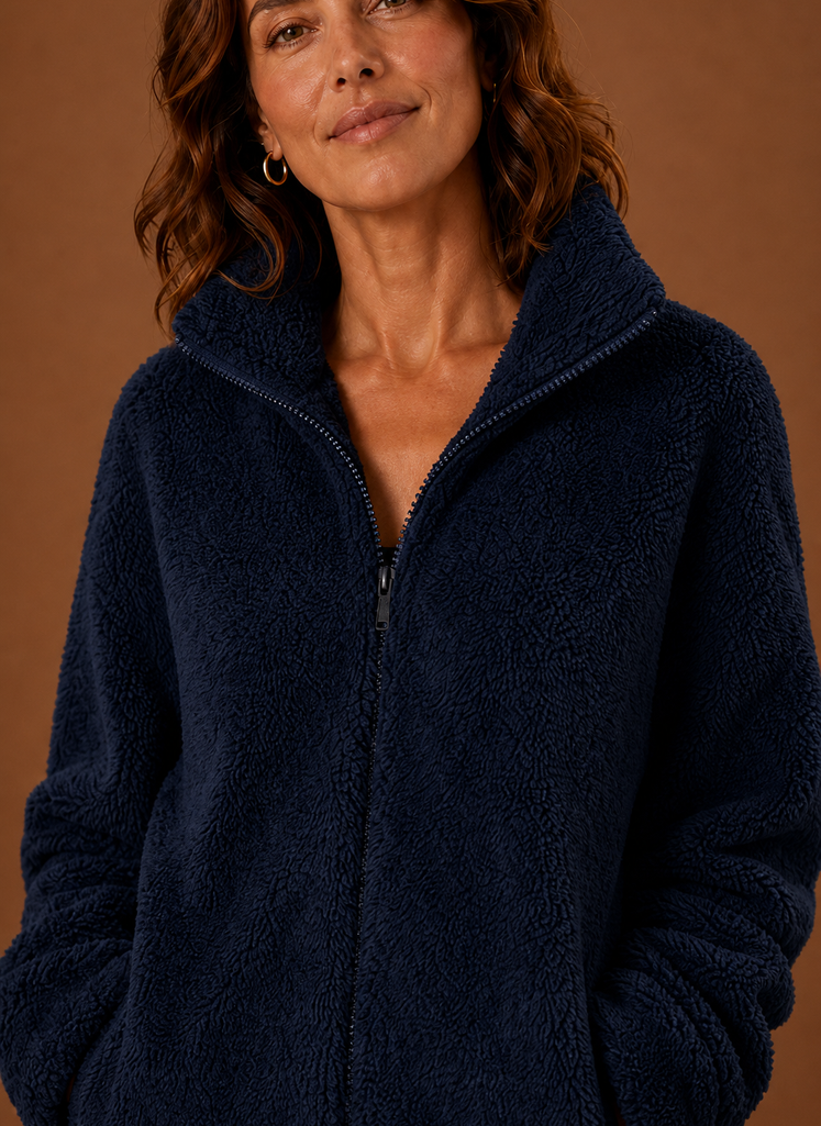 Women's Fleece Sherpa Zip-Up Jacket with High Collar in cozy fabric, perfect for cold weather, featuring a stylish design and warm insulation. 8