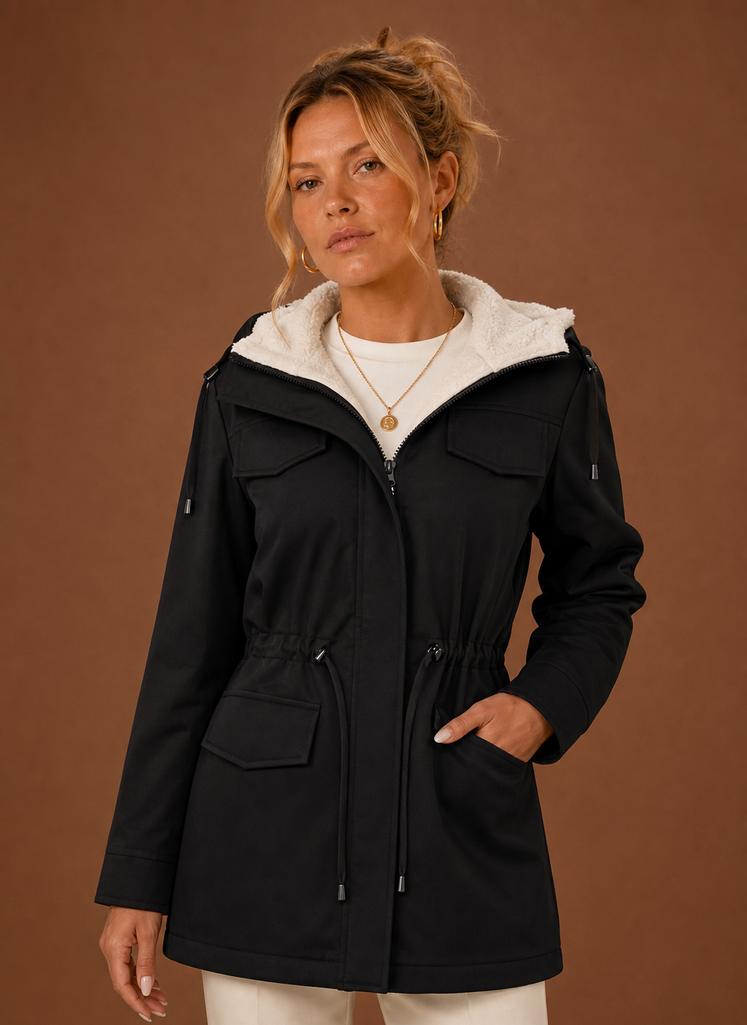Women's hooded fleece-lined parka jacket designed for winter, featuring a stylish exterior, warm insulation, and functional pockets for added convenience. 0