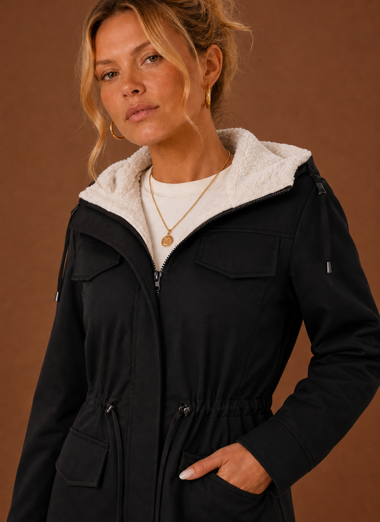 Women's hooded fleece-lined parka jacket designed for winter, featuring a stylish exterior, warm insulation, and functional pockets for added convenience. 1