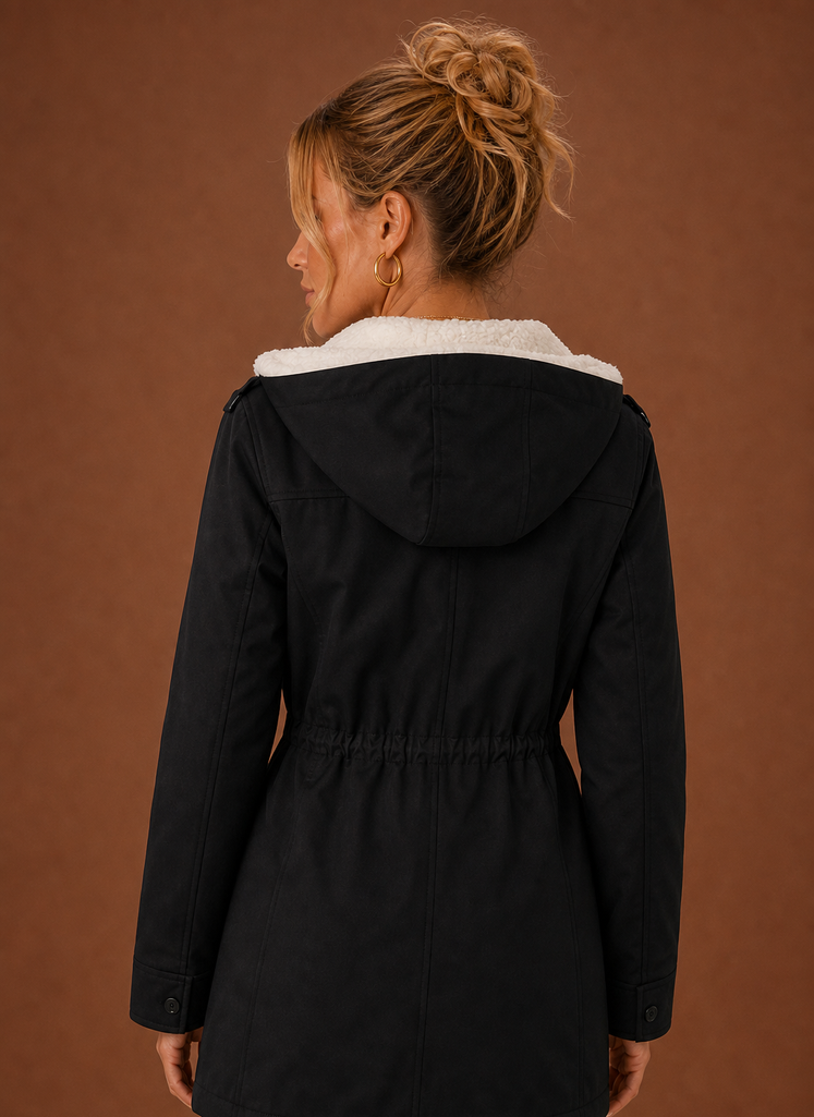 Women's hooded fleece-lined parka jacket designed for winter, featuring a stylish exterior, warm insulation, and functional pockets for added convenience. 3