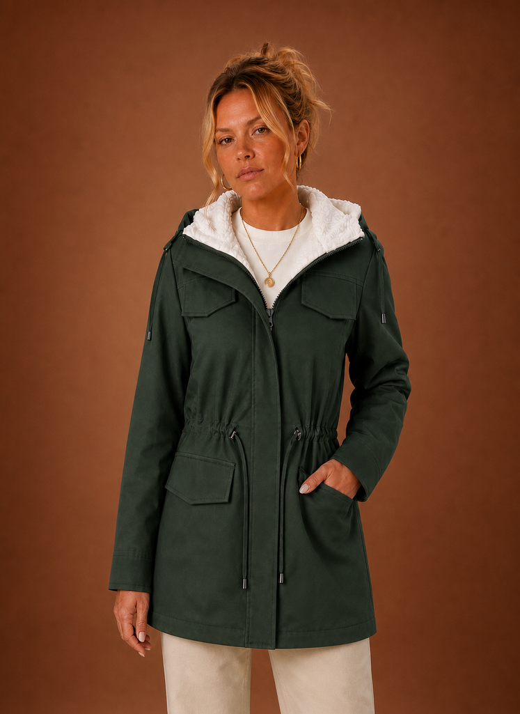Women's hooded fleece-lined parka jacket designed for winter, featuring a stylish exterior, warm insulation, and functional pockets for added convenience. 4