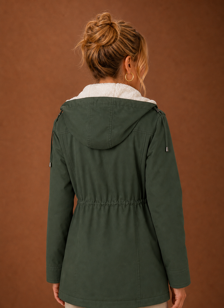 Women's hooded fleece-lined parka jacket designed for winter, featuring a stylish exterior, warm insulation, and functional pockets for added convenience. 6