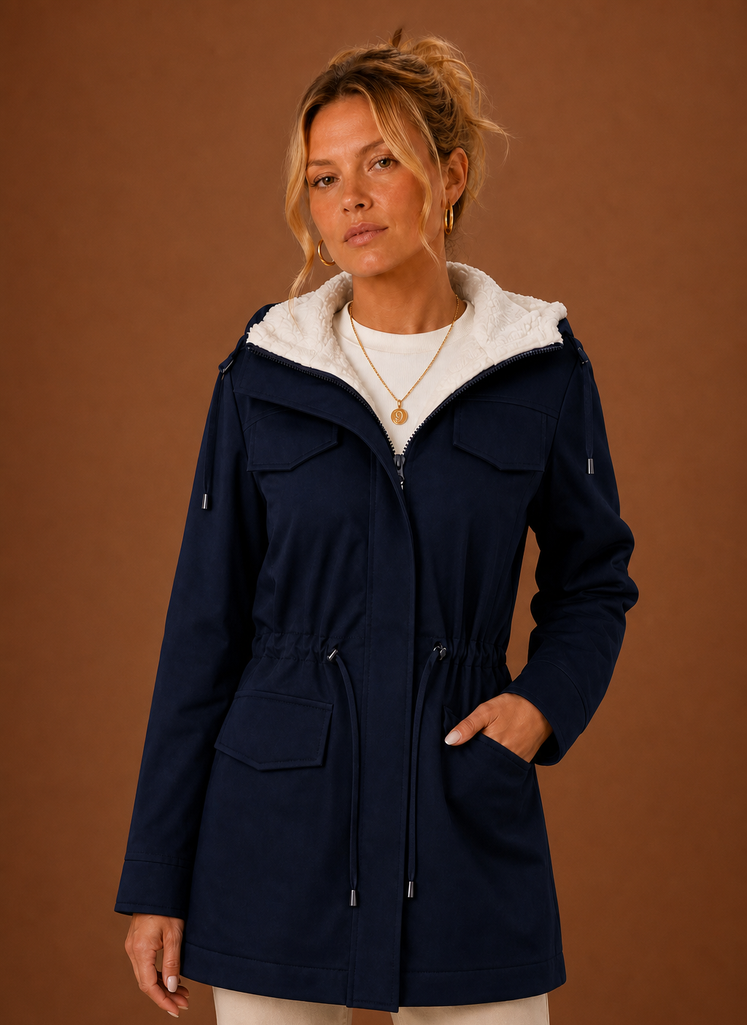 Women's hooded fleece-lined parka jacket designed for winter, featuring a stylish exterior, warm insulation, and functional pockets for added convenience. 8