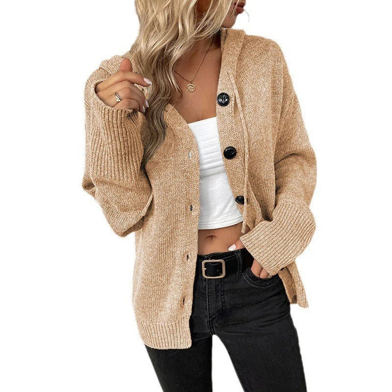 Women's Hooded Knitted Cardigan with Button Closure 1