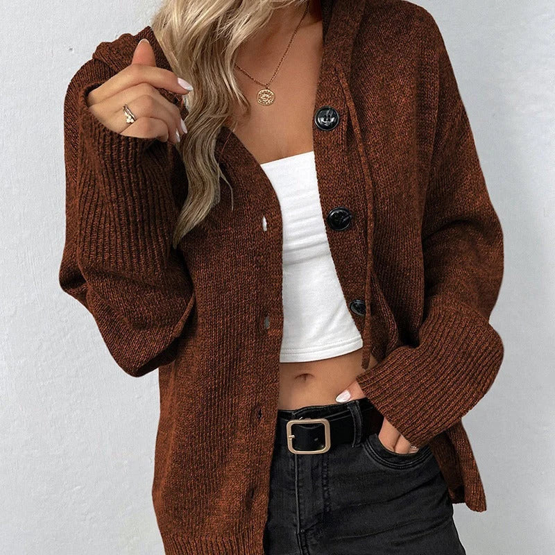 Women's Hooded Knitted Cardigan with Button Closure 2