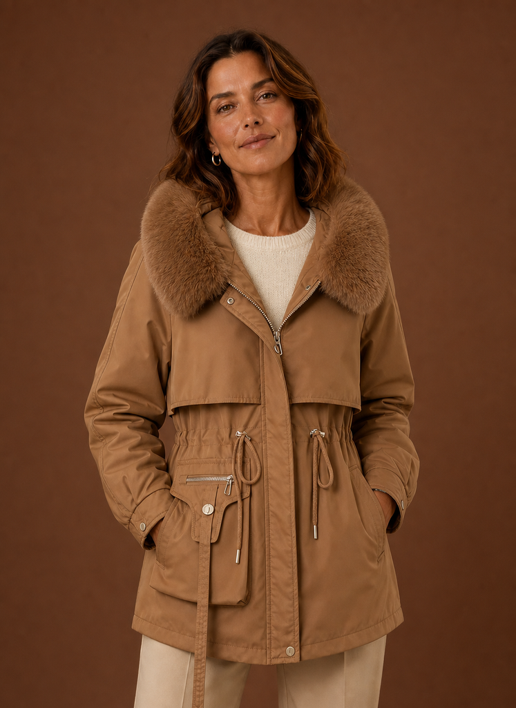 Women's hooded parka jacket featuring a stylish faux fur trim, perfect for winter warmth and fashion. 0