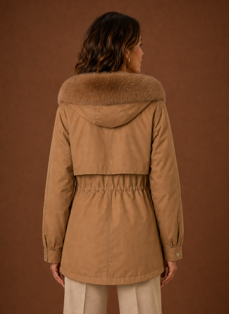 Women's hooded parka jacket featuring a stylish faux fur trim, perfect for winter warmth and fashion. 2