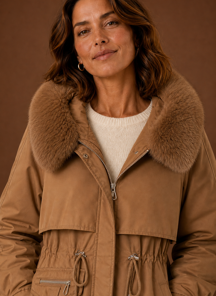 Women's hooded parka jacket featuring a stylish faux fur trim, perfect for winter warmth and fashion. 3