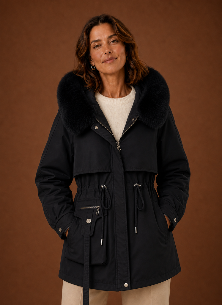 Women's hooded parka jacket featuring a stylish faux fur trim, perfect for winter warmth and fashion. 8