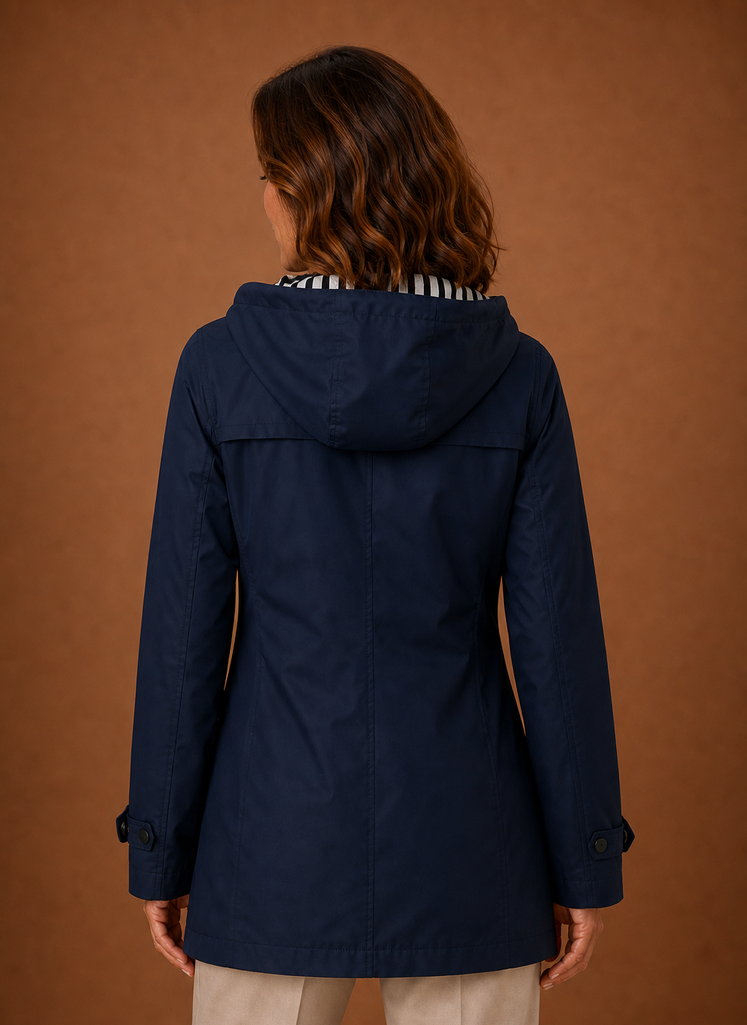 Women's hooded trench coat featuring a tailored fit, designed for warmth and style during autumn and winter seasons. 6