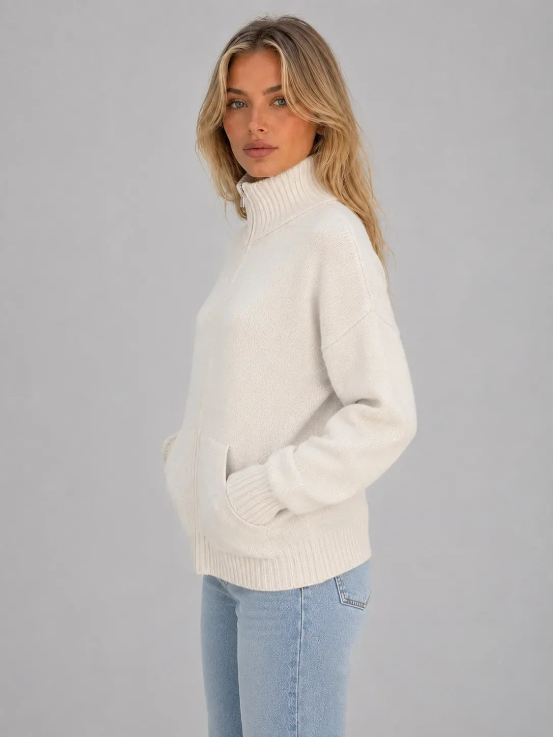 Women's Knitted Cardigan with Stand-Up Collar and Front Pockets 0