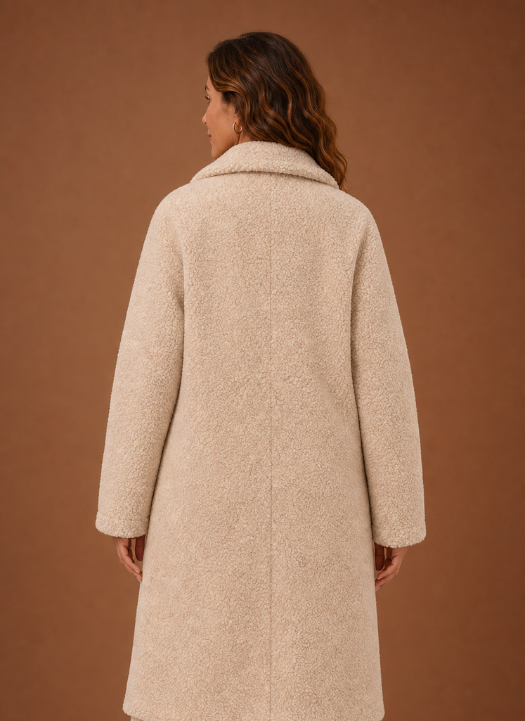 Women's long double-breasted teddy coat in plush fabric, perfect for keeping warm during winter with stylish design and comfortable fit. 2