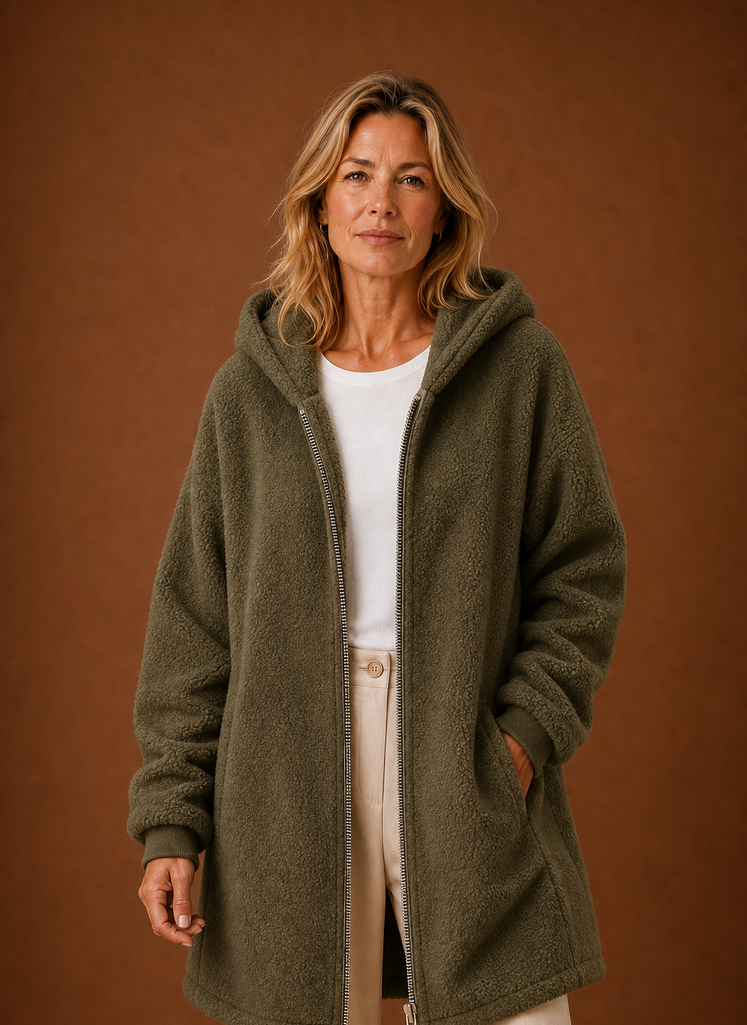 Women's long fleece hooded jacket featuring a zip closure and spacious pockets, perfect for staying warm and stylish in cold weather. 1