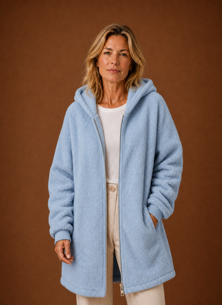 Women's long fleece hooded jacket featuring a zip closure and spacious pockets, perfect for staying warm and stylish in cold weather. 2