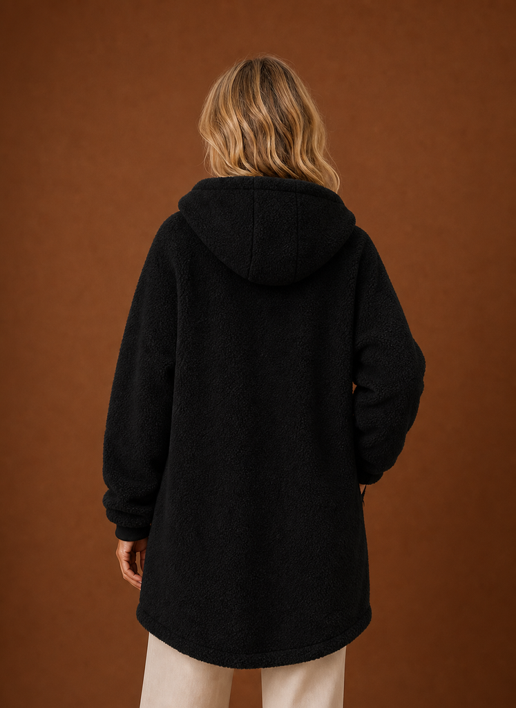 Women's long fleece hooded jacket featuring a zip closure and spacious pockets, perfect for staying warm and stylish in cold weather. 4