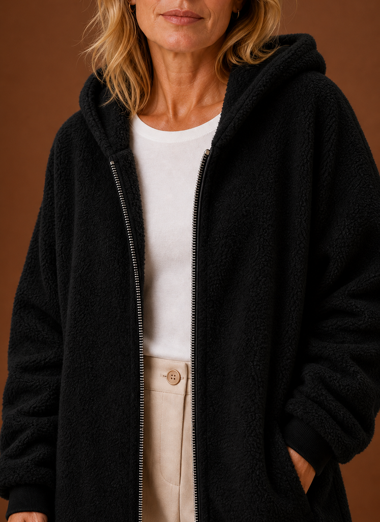 Women's long fleece hooded jacket featuring a zip closure and spacious pockets, perfect for staying warm and stylish in cold weather. 5