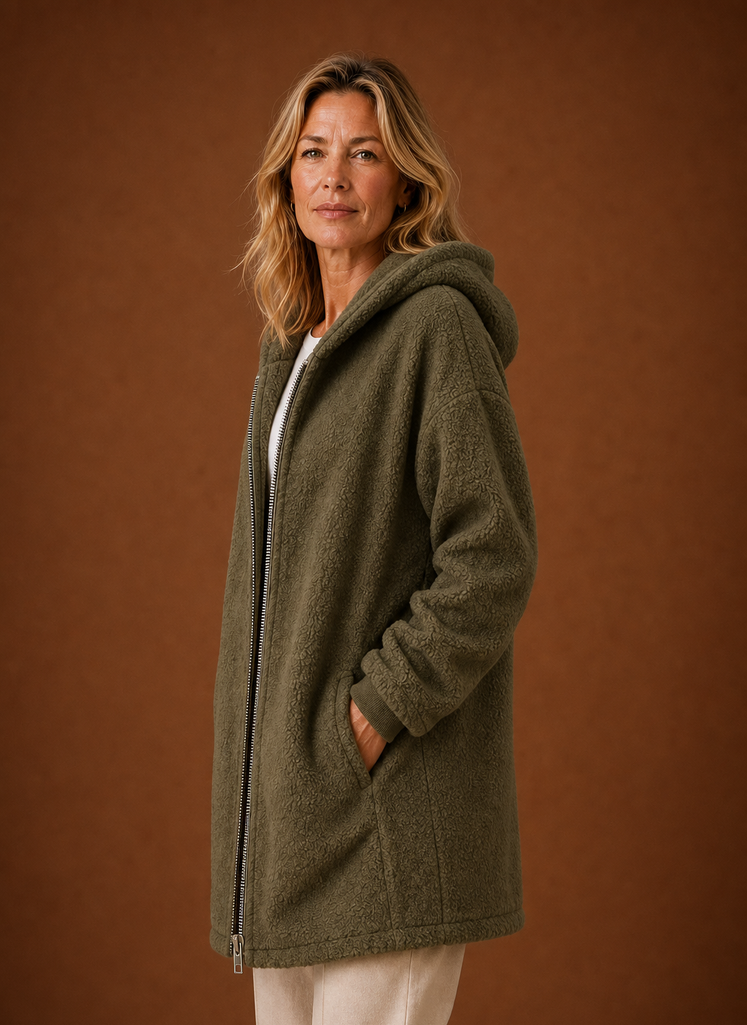 Women's long fleece hooded jacket featuring a zip closure and spacious pockets, perfect for staying warm and stylish in cold weather. 6