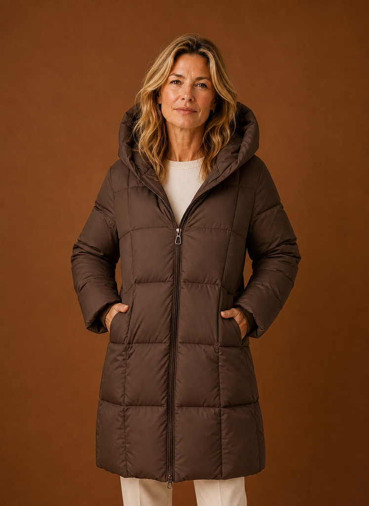 Women's long hooded quilted puffer jacket in a stylish design, perfect for winter warmth and protection against cold weather. 0