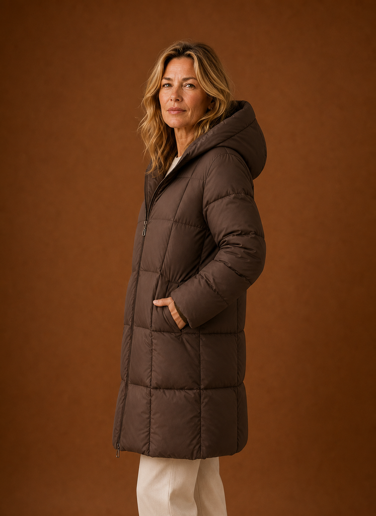 Women's long hooded quilted puffer jacket in a stylish design, perfect for winter warmth and protection against cold weather. 1