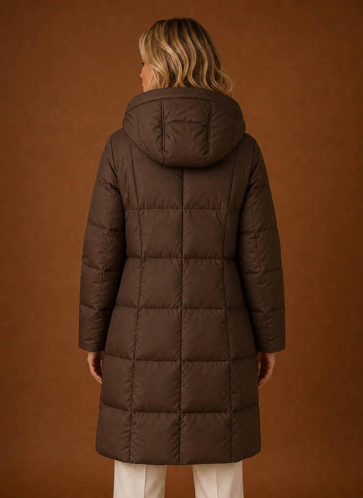 Women's long hooded quilted puffer jacket in a stylish design, perfect for winter warmth and protection against cold weather. 2