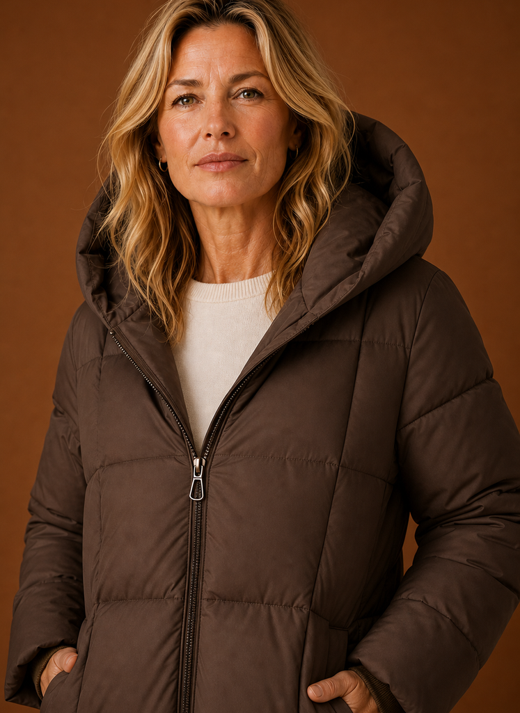 Women's long hooded quilted puffer jacket in a stylish design, perfect for winter warmth and protection against cold weather. 3