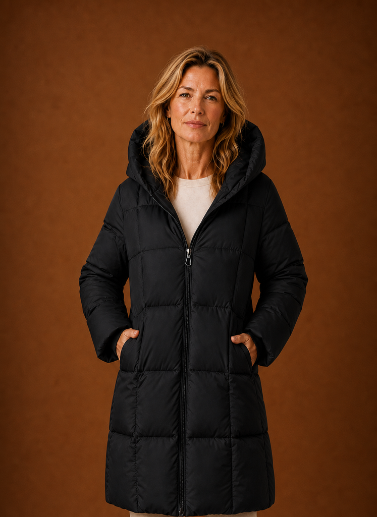 Women's long hooded quilted puffer jacket in a stylish design, perfect for winter warmth and protection against cold weather. 4