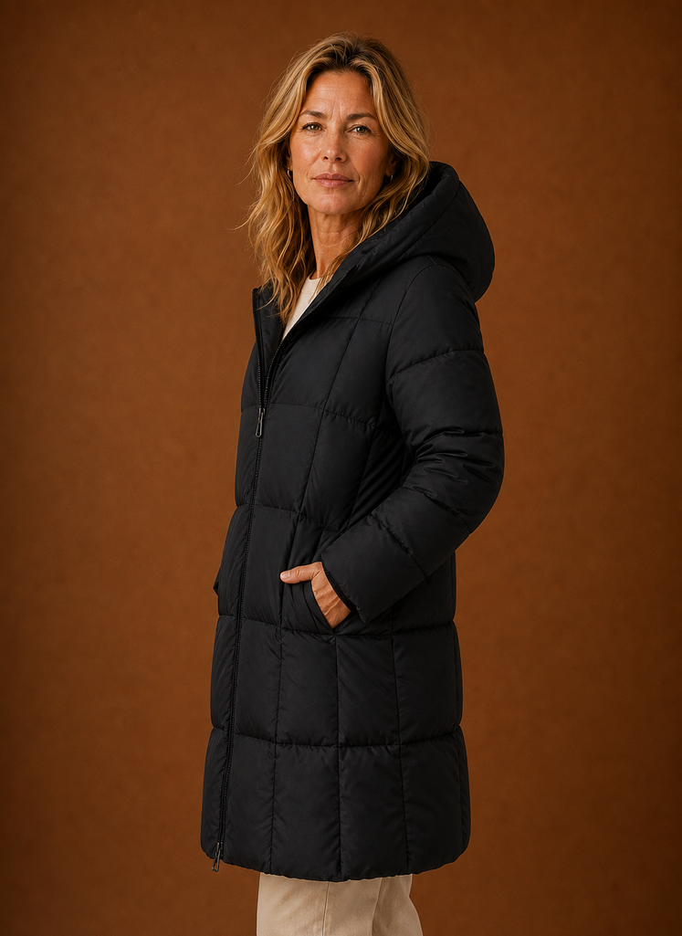 Women's long hooded quilted puffer jacket in a stylish design, perfect for winter warmth and protection against cold weather. 5