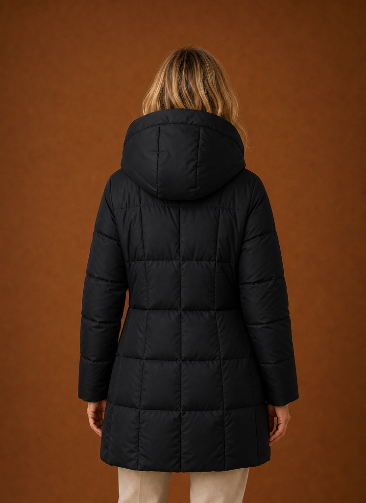 Women's long hooded quilted puffer jacket in a stylish design, perfect for winter warmth and protection against cold weather. 6