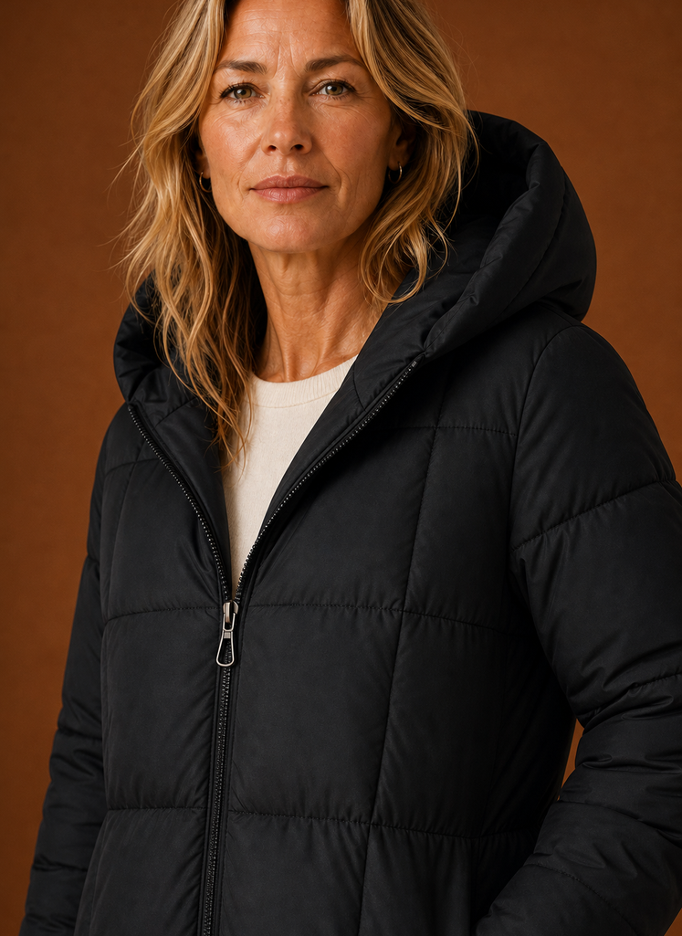 Women's long hooded quilted puffer jacket in a stylish design, perfect for winter warmth and protection against cold weather. 7