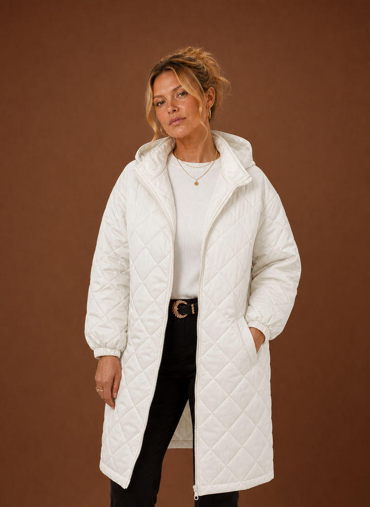 Women's long quilted hooded winter coat featuring a relaxed fit, designed for warmth and comfort during cold weather. 0