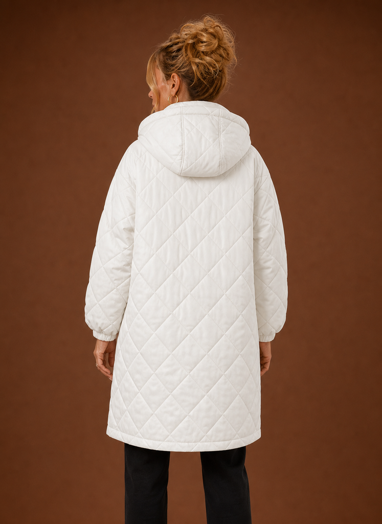 Women's long quilted hooded winter coat featuring a relaxed fit, designed for warmth and comfort during cold weather. 3