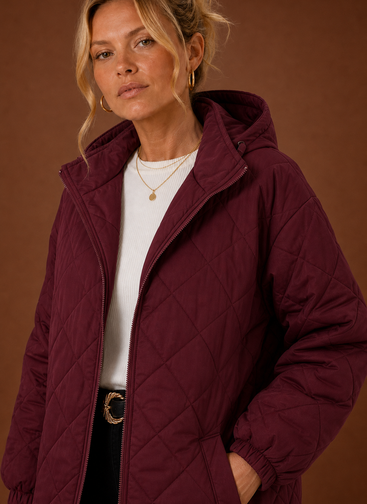 Women's long quilted hooded winter coat featuring a relaxed fit, designed for warmth and comfort during cold weather. 8