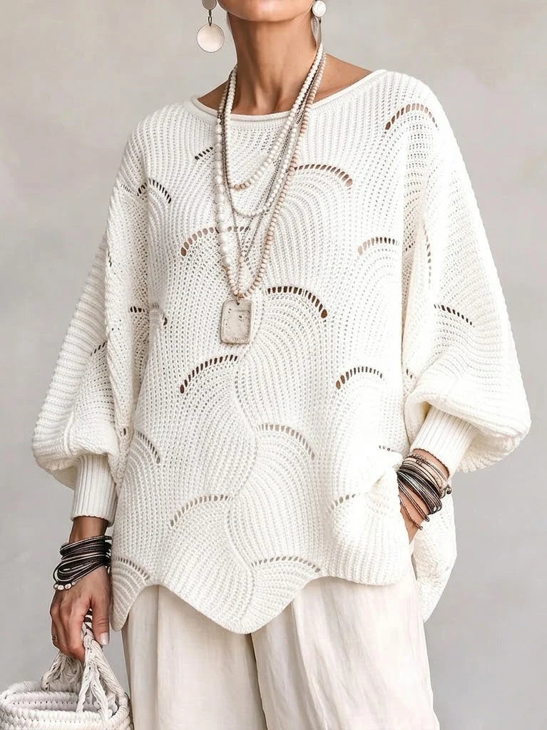 Women's Loose Knit Sweater with Wave Pattern and Batwing Sleeves 0