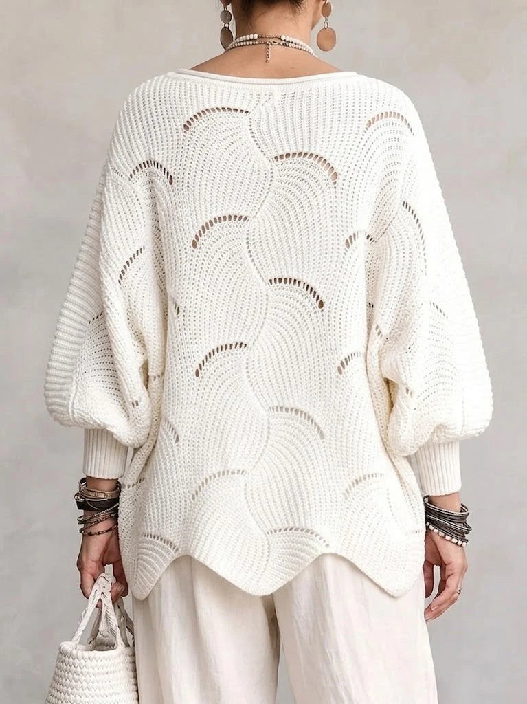 Women's Loose Knit Sweater with Wave Pattern and Batwing Sleeves 1