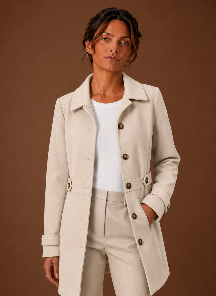Women's mid-length button front trench coat in a stylish beige color, featuring a belted waist, classic collar, and dual side pockets, perfect for both 0
