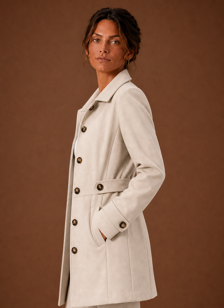 Women's mid-length button front trench coat in a stylish beige color, featuring a belted waist, classic collar, and dual side pockets, perfect for both 1