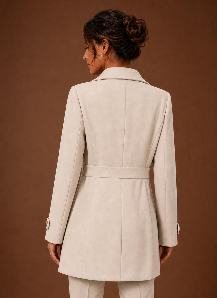 Women's mid-length button front trench coat in a stylish beige color, featuring a belted waist, classic collar, and dual side pockets, perfect for both 2