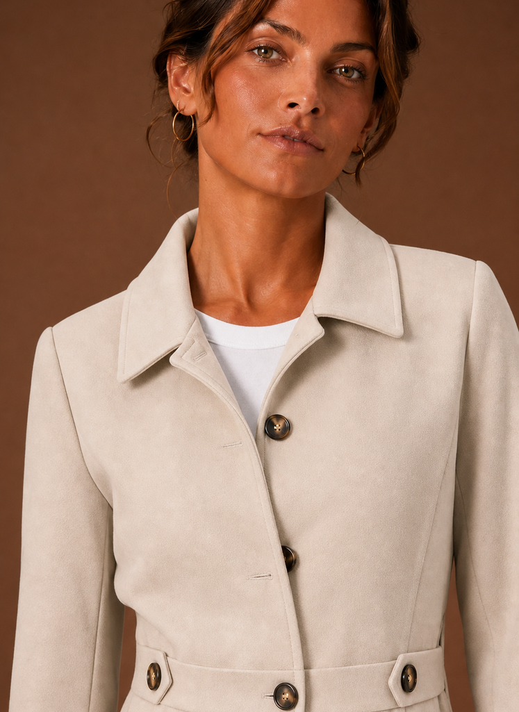 Women's mid-length button front trench coat in a stylish beige color, featuring a belted waist, classic collar, and dual side pockets, perfect for both 3