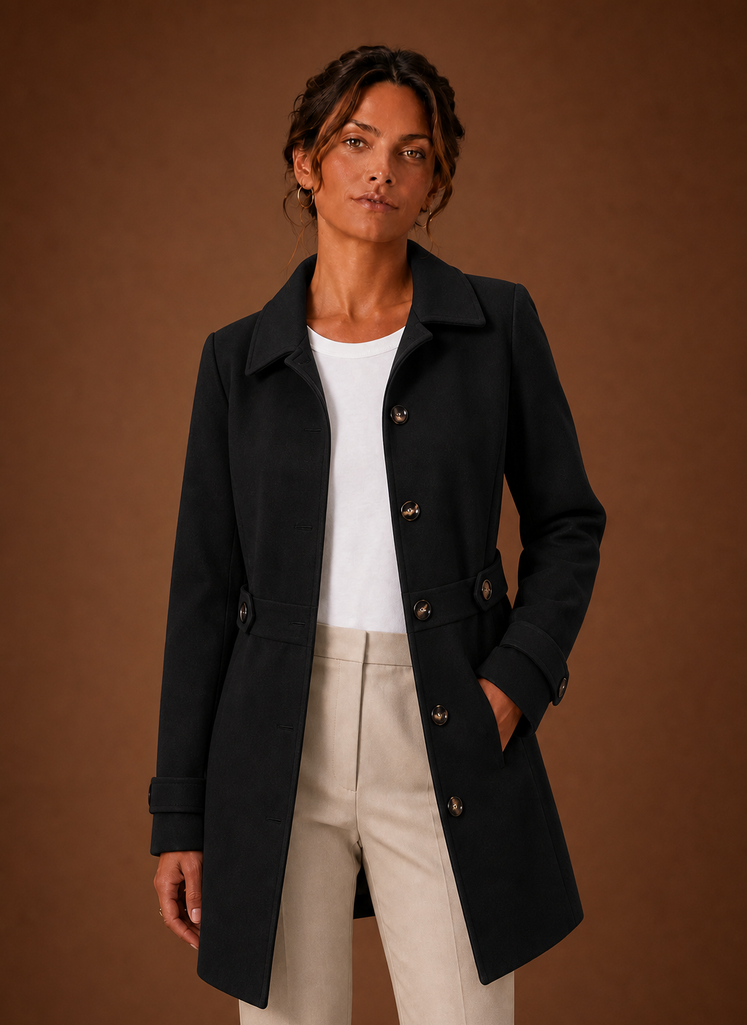 Women's mid-length button front trench coat in a stylish beige color, featuring a belted waist, classic collar, and dual side pockets, perfect for both 4