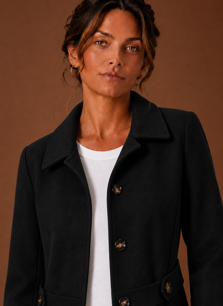 Women's mid-length button front trench coat in a stylish beige color, featuring a belted waist, classic collar, and dual side pockets, perfect for both 6