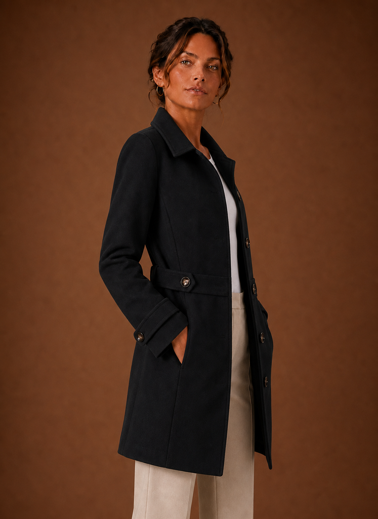 Women's mid-length button front trench coat in a stylish beige color, featuring a belted waist, classic collar, and dual side pockets, perfect for both 7