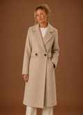 Women's mid-length tailored trench coat in classic beige, perfect for everyday wear, featuring a belted waist and stylish lapels, ideal for layering in any 0
